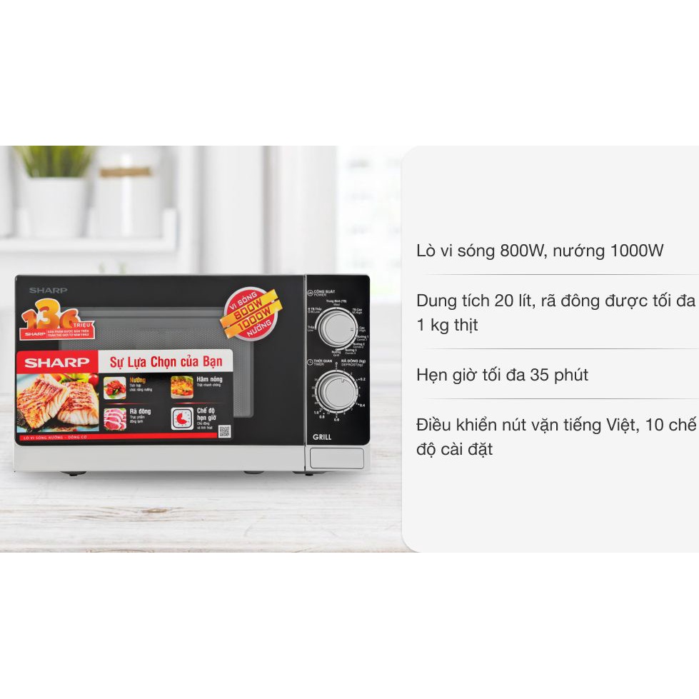 Lò vi sóng SHARP R-G222VN-S 20 lít-Chính Hãng trưng bày 99%-công suất 800W-1000W Kết hợp chức năng nướng