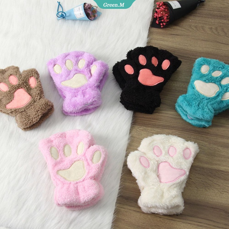Găng Tay Hở Ngón Hình Chân Mèo Phủ Lông Mềm Mại Thời Trang Cho Nữ