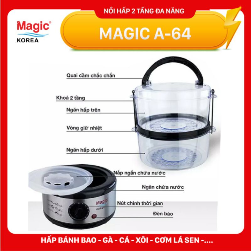 Máy Hấp Thực Phẩm Magic Korea A64 | Dung Tích Chứa 5L | Thiết Kế 2 Tầng Riêng Biệt | Công Suất 500W | Vừa Con Gà 1.2kg