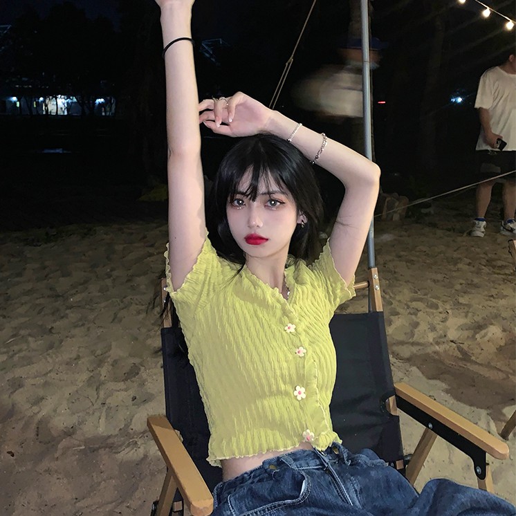 Áo Croptop Tay Ngắn Cổ Chữ V Màu Trơn Thời Trang Đáng Yêu Cho Nữ