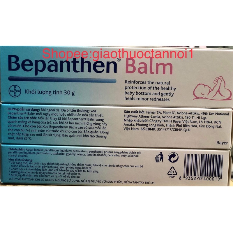 kem bôi hăm tả Bepanthen balm bayer made in hi Lạp(dưỡng ẩm cho làn da nhạy cảm, chăm sóc đầu vú bị nứt nẻ do cho con bú