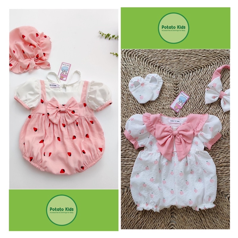 Bodysuit, Bodychip, Bộ Liền Potato Kids Màu Hồng Họa Tiết Kẹo Và Dâu Tây XInh Xắn Cho Bé (tặng kèm phụ kiện như hình)