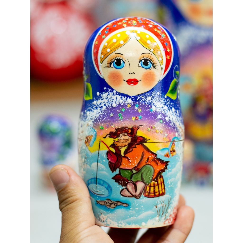 BỘ BÚP BÊ NGA MATRYOSHKA 10 LỚP CAO 26CM HOA VĂN "LỄ HỘI MÙA ĐÔNG" MÀU XANH CỰC ĐẸP VÀ SANG TRỌNG