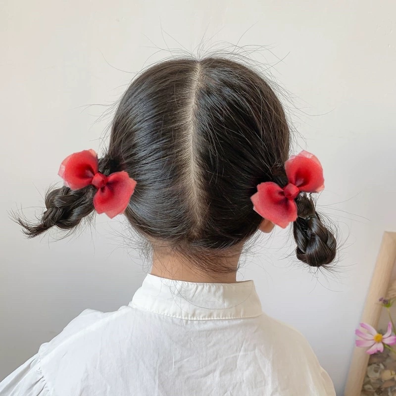 Set 2 chiếc kẹp tóc, dây buộc tóc cho bé gái hình nơ lưới nhiều màu, phụ kiện thời trang cho trẻ em phong cách Hàn Quốc