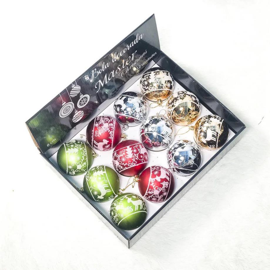QUẢ CHÂU TRANG TRÍ 4 MÀU - CHÂU NOEL - TRÁI CHÂU HỘP 12 TRÁI - CHÂU 8CM MÀU XANH - CHÂU HOA VĂN - CHÂU KIM TUYẾN