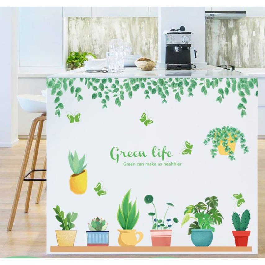 Decal dán tường - lá trần phối chậu mini xanh