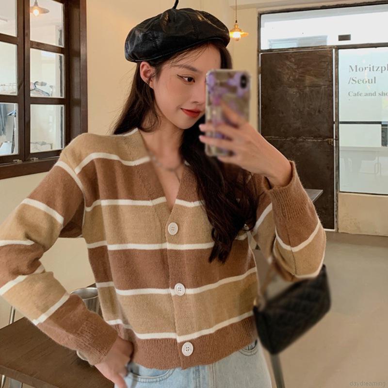 Áo khoác cardigan dệt kim cổ chữ V tay dài dáng rộng kẻ sọc phối nút thời trang cho nữ