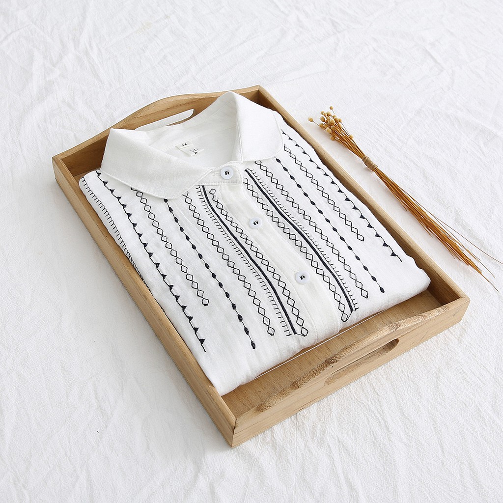 Áo SƠ MI TRẮNG  vải xô thêu hoa văn Nữ  maicuteshop