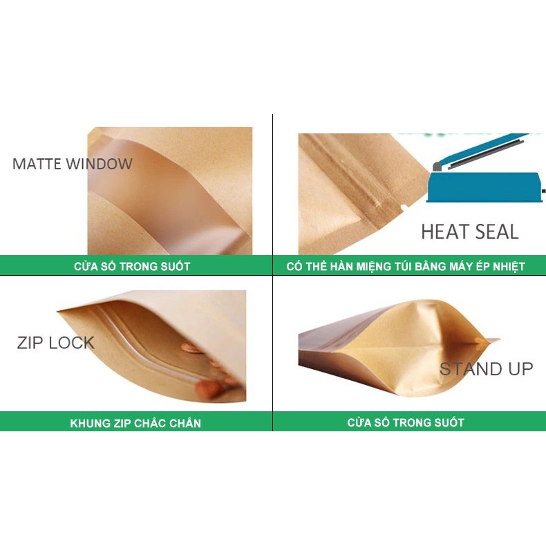 Túi zip giấy Jiamin 1 Túi zip giấy kraft đáy đứng cửa sổ đựng bảo quản thực phẩm, đồ ăn
