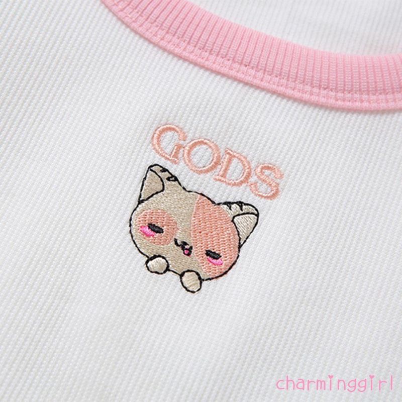 Áo croptop thiêu mèo phối viền hồng