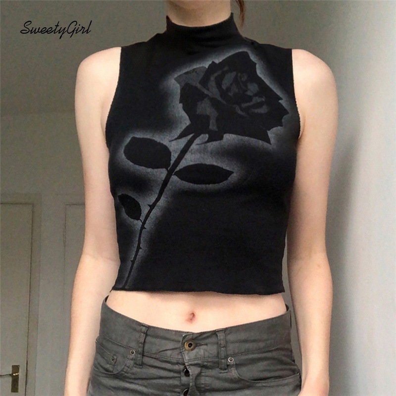 Áo Tank Top Cổ Cao In Họa Tiết Hoa Hồng Đen Phong Cách Punk Y2k Ngọt Ngào Thời Trang 2022 Dành Cho Bạn Nữ