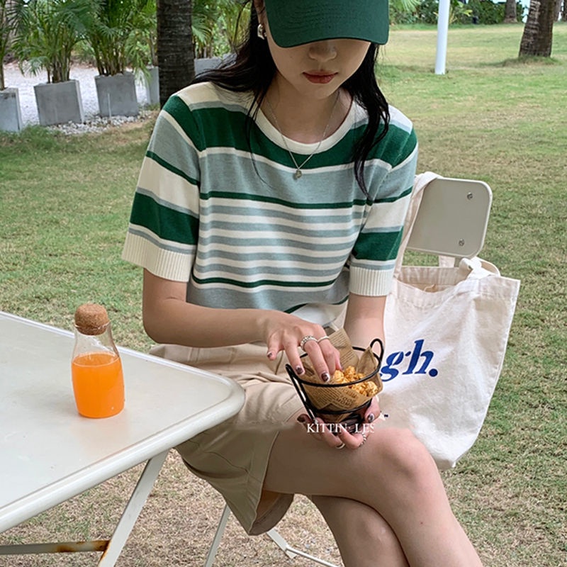 Áo Thun Ngắn Tay Cổ Tròn Họa Tiết Kẻ Sọc Màu Sắc Tương Phản Thời Trang Mùa Hè Hàn Quốc 151084Áo Len Tay Dài Form Rộng Kiểu Dáng Đơn Giản Dễ Phối Đồ