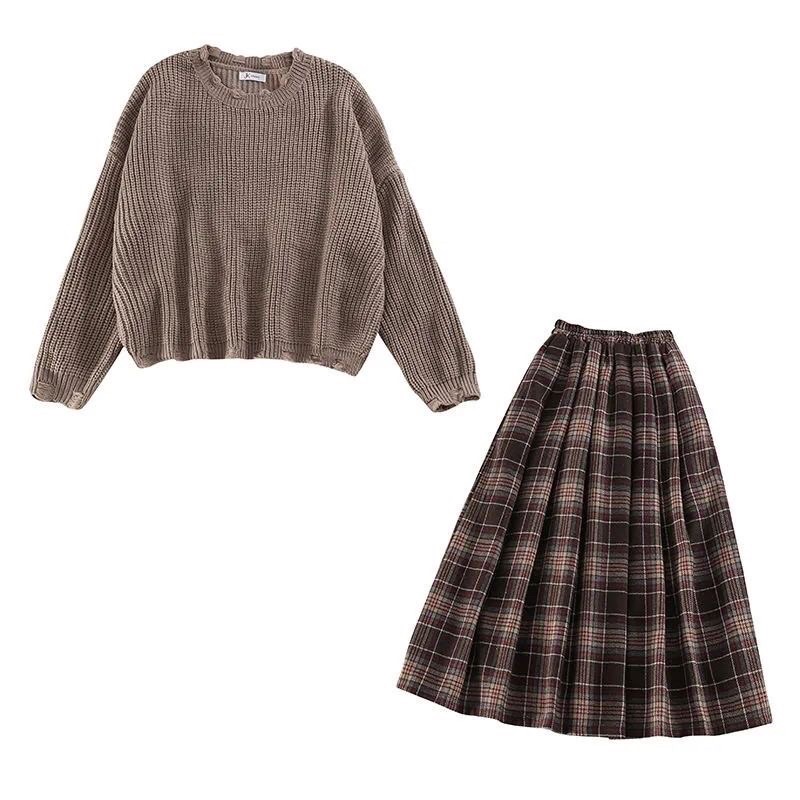 Set váy nâu vintage/ set áo + váy kẻ nữ tính siêu xinh