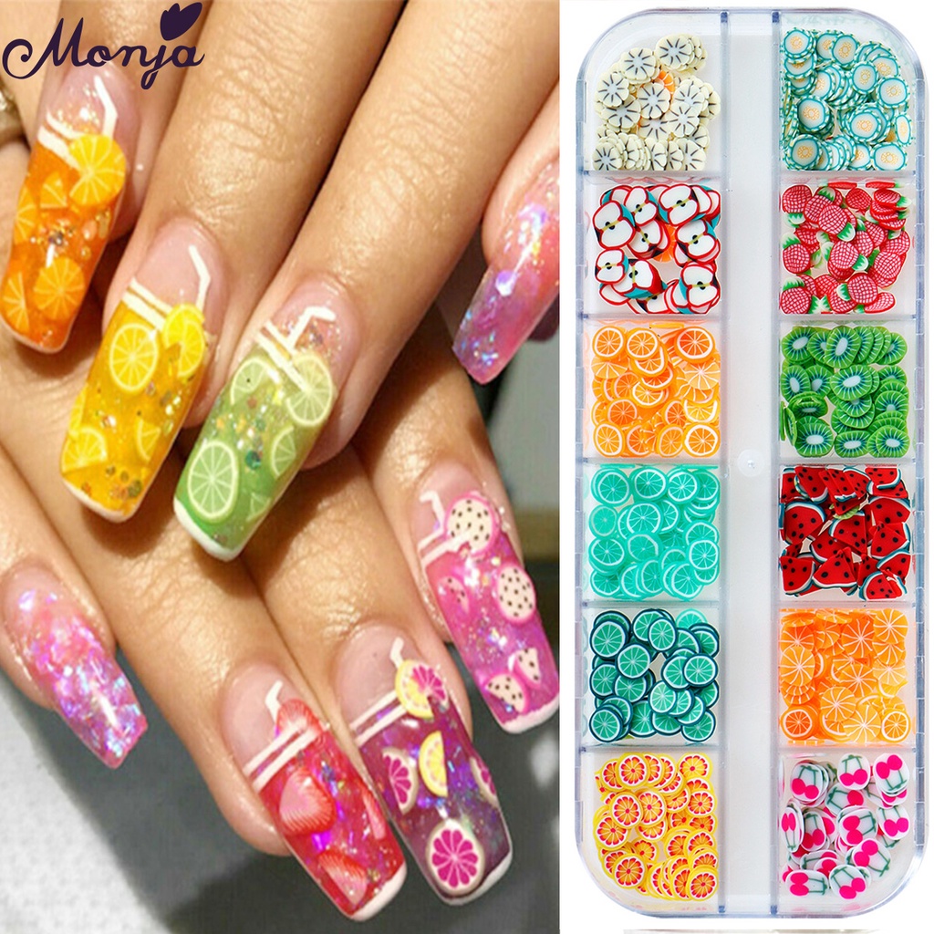 Monja Hộp phụ kiện trang trí móng tay 12 ô hình trái cây 3D DIY dễ thương