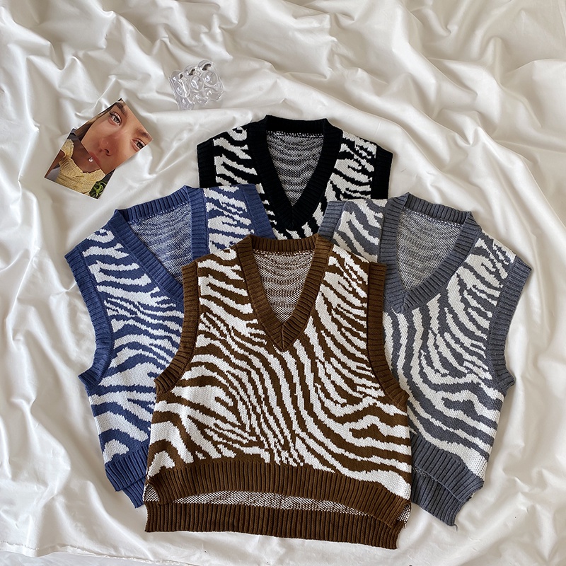 Áo dệt kim sát nách dáng rộng họa tiết ngựa vằn thời trang mùa thu