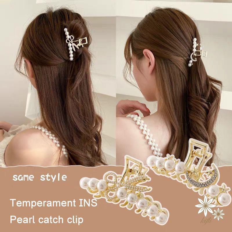 【kifli】Kẹp Tóc Móng Vuốt Hình Cây Kéo Đính Đá Ngọc Trai Dễ Thương Thời Trang Hàn Quốc Cho Nữ Hai