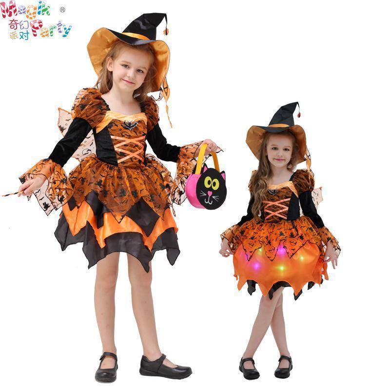 Trang Phục Hóa Trang Halloween Nhân Vật Phù Thủy Bí Ngô Màu Dạ Quang Kích Thước 100-160 Cho Bé Gái