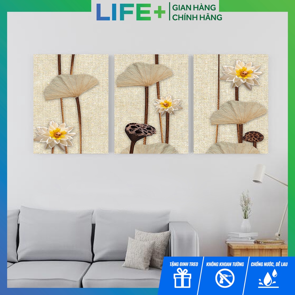 Tranh decor treo tường phòng ngủ, phòng khách chủ đề hoa sen bằng vải canvas cao cấp (Tặng kèm đi 3 chân)