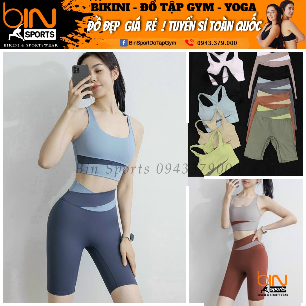 Set bộ đồ tập gym yoga nữ thun mịn phối màu áo bra sẵn mút lót, quần đùi ngố cao cấp loại 1 Bin Sports BL024