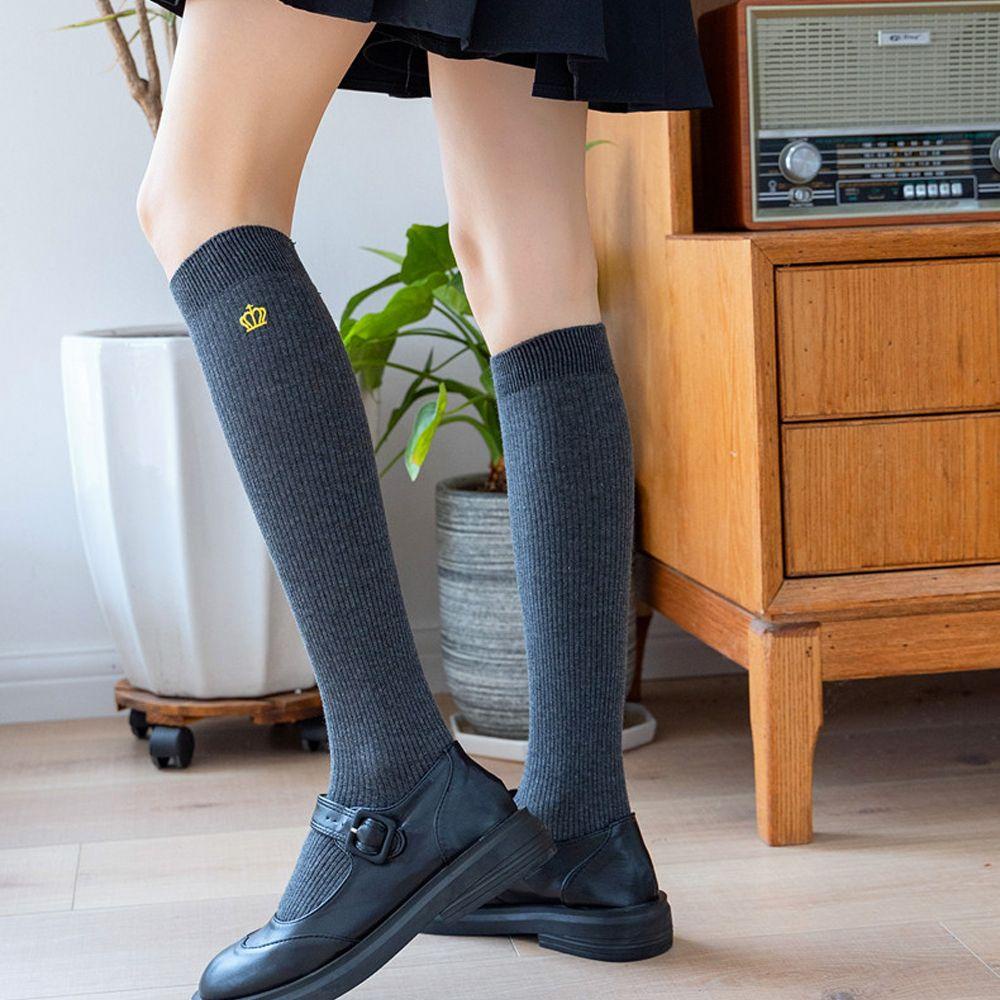 Vớ Dài Ngang Đùi Bằng Cotton Màu Trơn Họa Tiết Vương Miện Harajuku Dành Cho Nữ 2Lilife