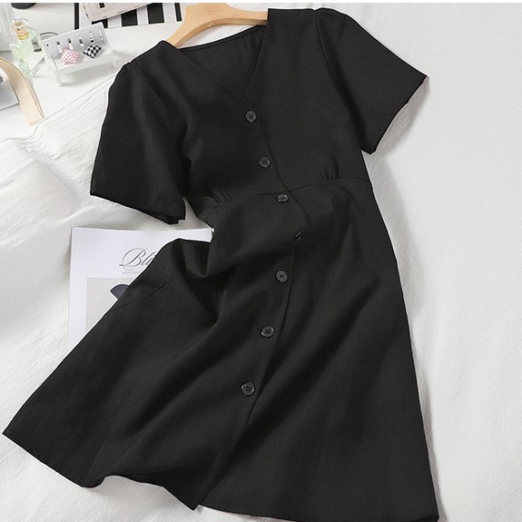 Váy Nữ Cộc Tay Cổ V Thắt Nơ Eo Chất Cotton Trơn Nhiều Màu Hàng Quảng Châu Loại 1 D03