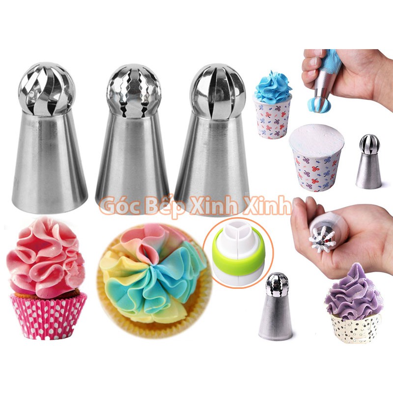 Bộ 3 đuôi / đui balltip cầu xoay 3D inox bắt kem cup cake topping