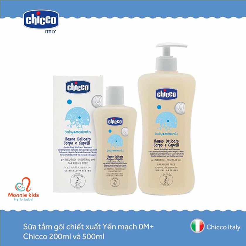 Sữa tắm gội cho bé CHICCO 500ml 0m+, sữa tắm yến mạch cấp ẩm da cho trẻ em - Monnie Kids