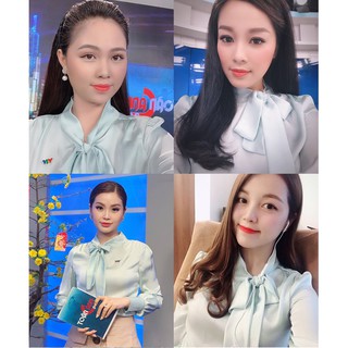 Áo sơ mi nữ thắt nơ💖Ảnh thật💖Áo lụa màu xanh ngọc dài tay