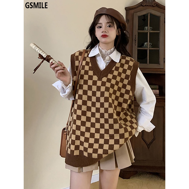 Áo Vest Dệt Kim Kẻ Caro Của Phụ Nữ Áo Len Cổ Chữ V Gấp Lại (Ảnh Chụp Thật Bằng Lông Cừu Cừu)