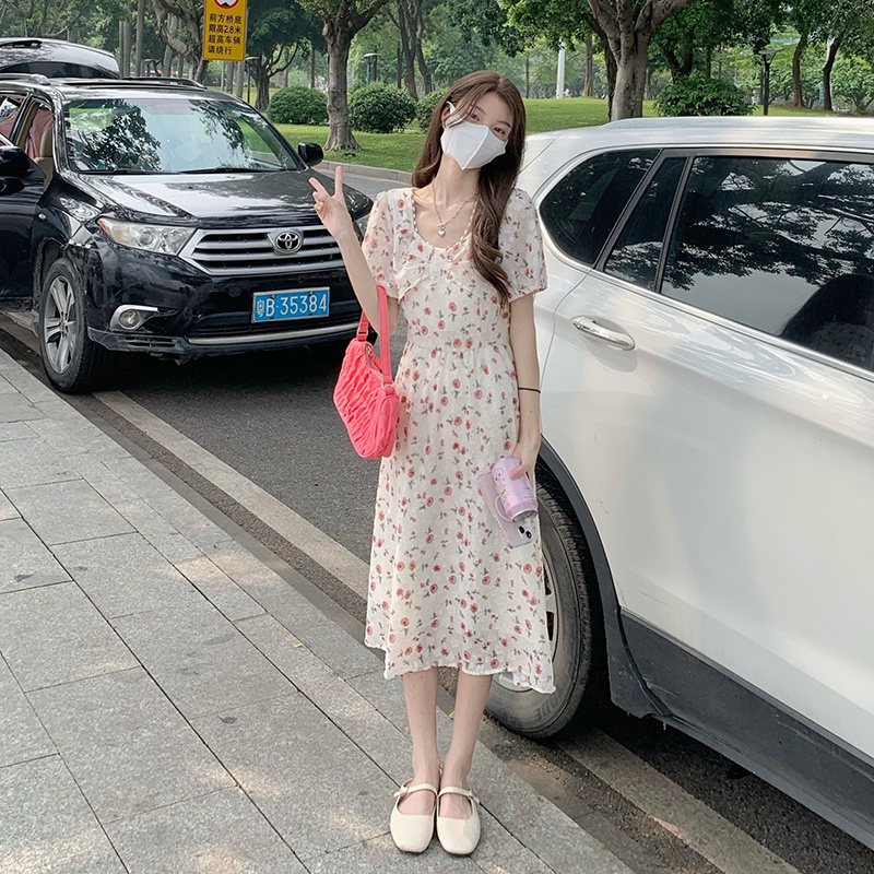 Đầm midi Perty cổ vuông thời trang mùa hè Hàn Quốc ngọt ngào dành cho nữ