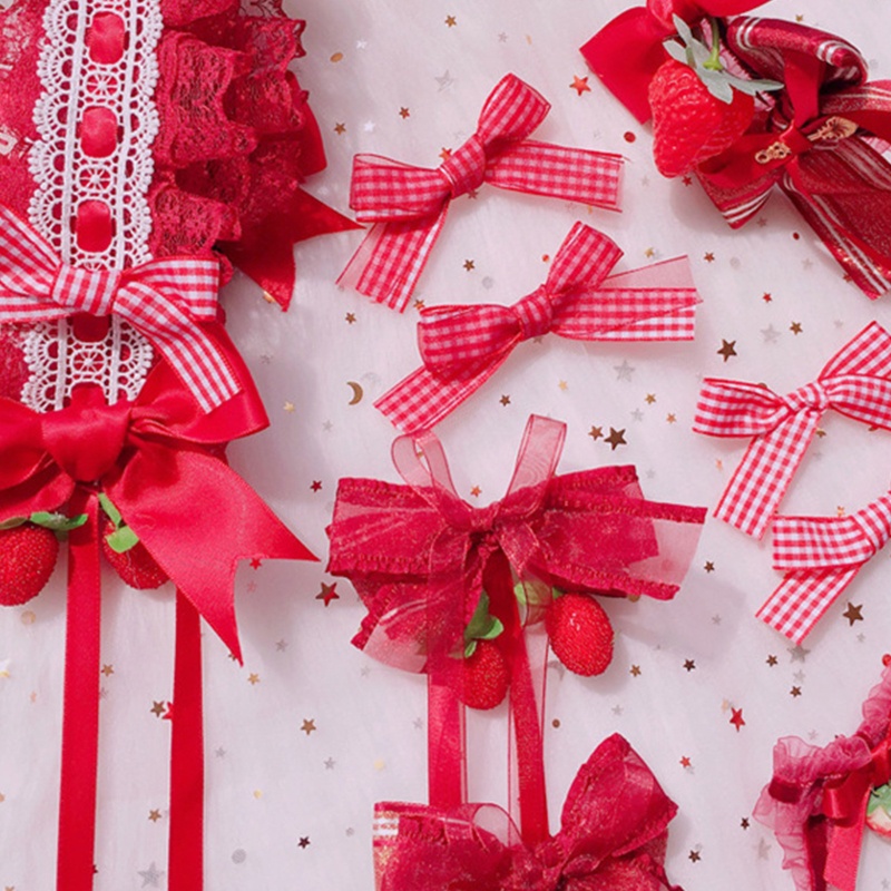 Kẹp Tóc Họa Tiết Caro / Dâu Tây Phối Ren Nhún Bèo Ngọt Ngào Phong Cách Lolita