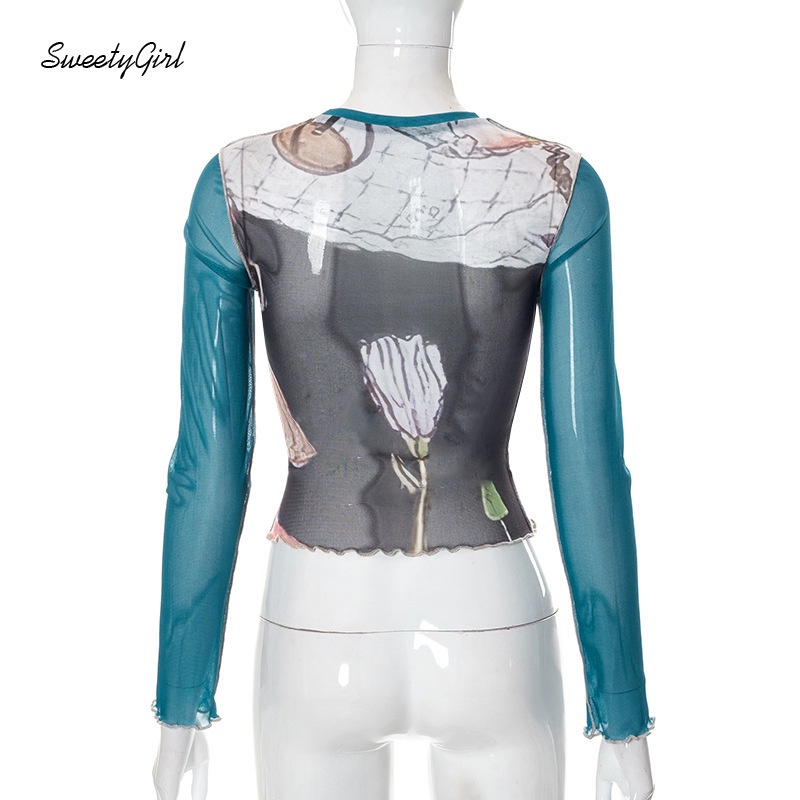 Áo Thun Tay Dài Cổ Tròn Ôm Eo In Họa Tiết Hoạt Hình Thời Trang 2022 Cho Nữ