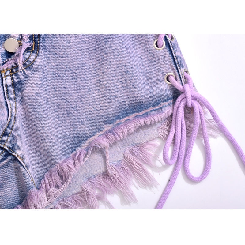 Quần Short Denim Lưng Cao Phối Dây Tua Rua Màu Tím Cho Nữ 4988