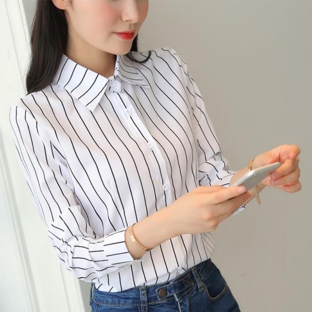 Áo Sơ Mi Nữ Dài Tay Kẻ Sọc Phối Cổ Trắng EMEREY LUXURY Chất Vải Kate Đẹp Thời Trang Nữ Cao Cấp