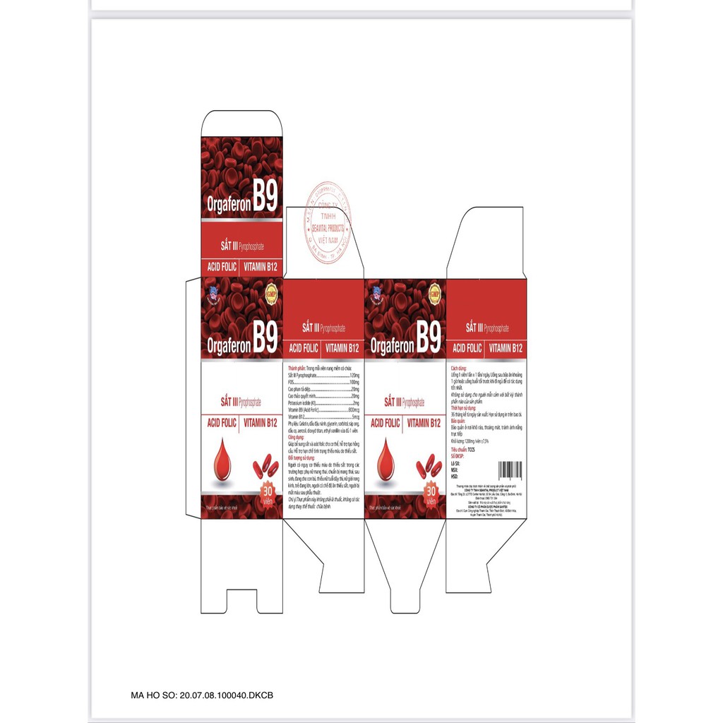 Viên uống bổ sung sắt và Acid folic ORGAFERON B9 _ bổ máu, ngăn ngừa thiếu máu. Hộp 36 viên