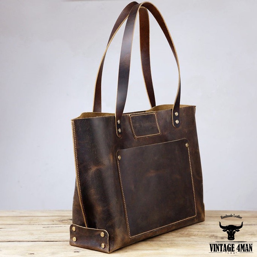 Túi Tote Nam Nữ Vintage Da Bò Thật / Túi Tote Kiểu Dáng Cổ Điển Da Bò Sáp Ngựa Điên