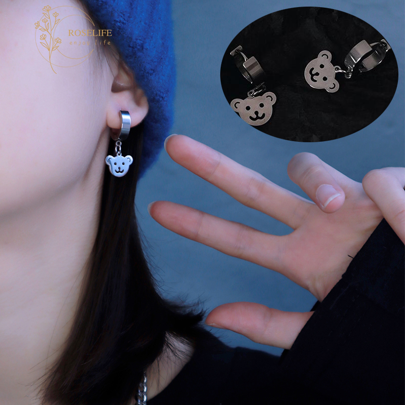 Roselife Korean Girl Silver Cool Bear Ear Clip Loop Earrings for Women
