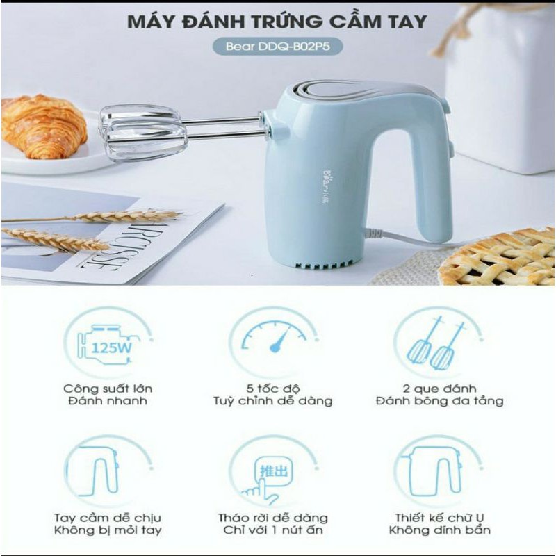 Máy Đánh Trứng Cầm Tay Bear DDQ-B02P5 - Công Suất Lớn , Làm Bánh , Làm Kem