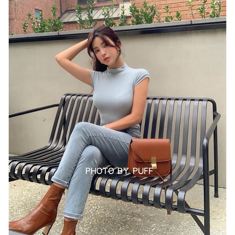 Áo Dài Tay Skinny!F &amp; X Version Knock on Good Bi Item ~ Áo Thun Không Tay Ôm Ngực Cổ Cao Gợi Cảm Cho Nữ