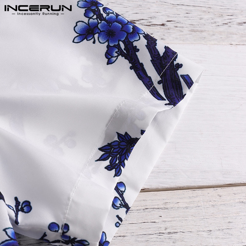Áo sơ mi INCERUN tay ngắn cổ bẻ in họa tiết cho nam giới