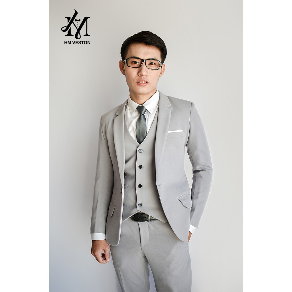 Combo bộ vest nam ôm body màu xám ghi  tặng kèm cà vạt nơ