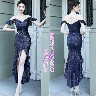 Hàng nhập - Đầm dạ hội Mullet xanh tím trễ vai, váy body dự tiệc viền bèo