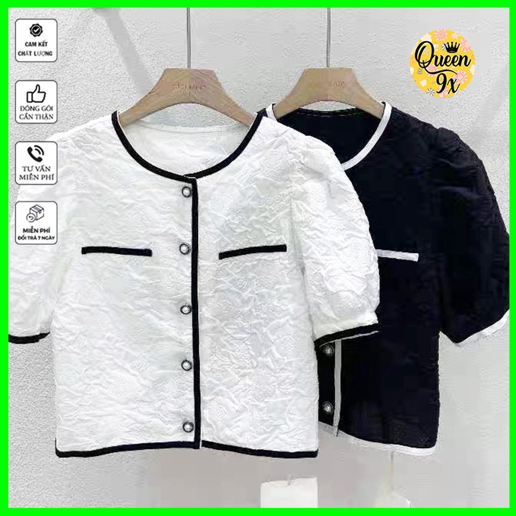 Áo Sơ Mi Cúc Ngọc Chất Xốp Hoa Viền Đen Trắng Dáng Tiểu Thư,áo sơ mi nhiều kiểu dễ thương
