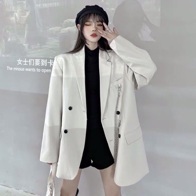 Áo khoác vest blazer Hàn quốc kèm dây xích có ảnh thật