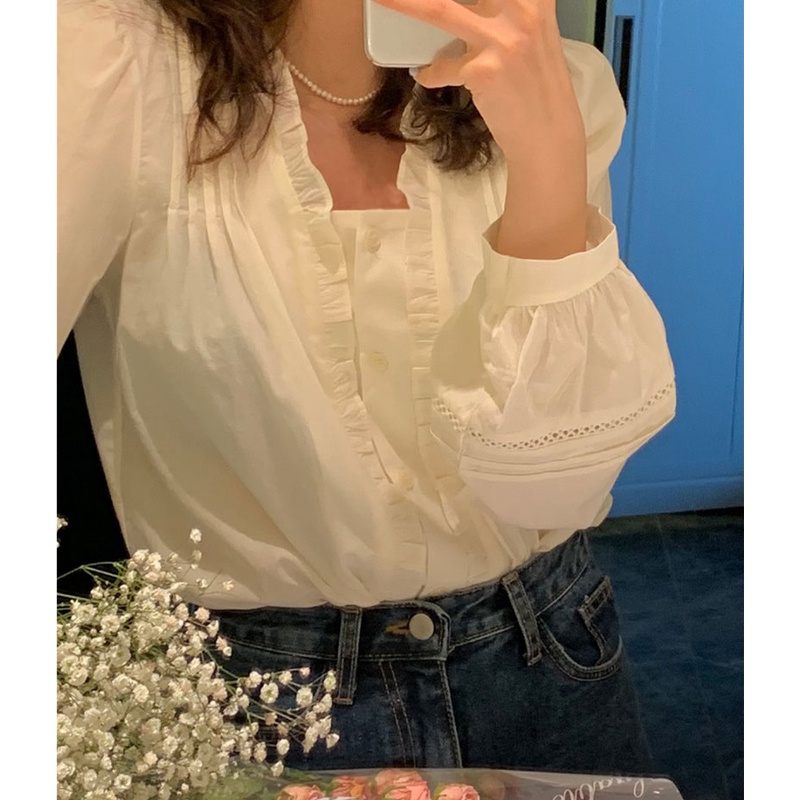 Áo Sơ Mi Trắng Dài Tay Phối Bèo Kiểu Pháp Đơn Giản Thanh Lịch 49225