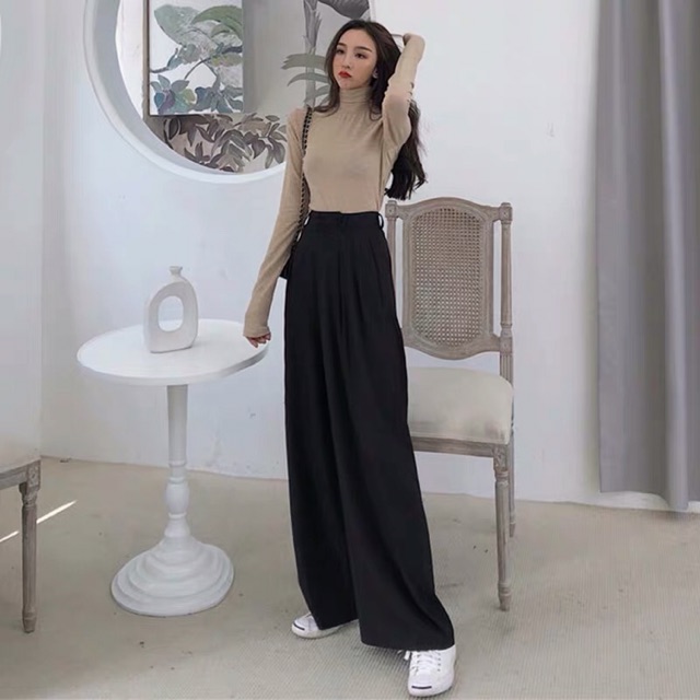 Quần ống rộng cạp cao ulzzang form dài culottes xếp ly neiyo trouser / Quần ống to hack dáng taobao