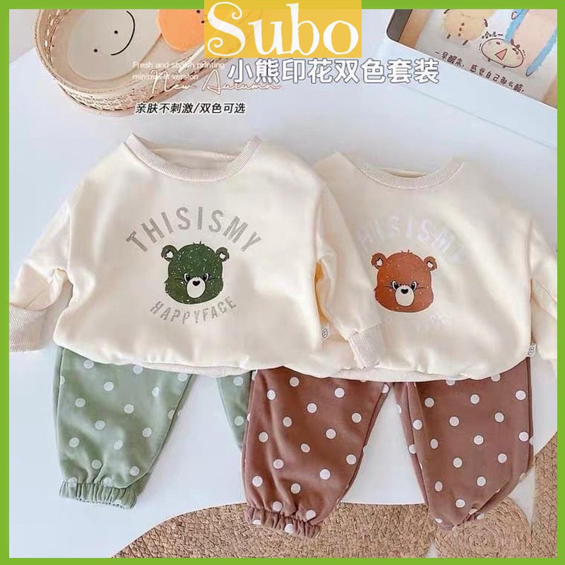 Đồ bộ dài tay thu đông bé trai bé gái gấu in quần chấm bi chất cotton mềm mịn_Quần áo trẻ em từ 8- 18 kg