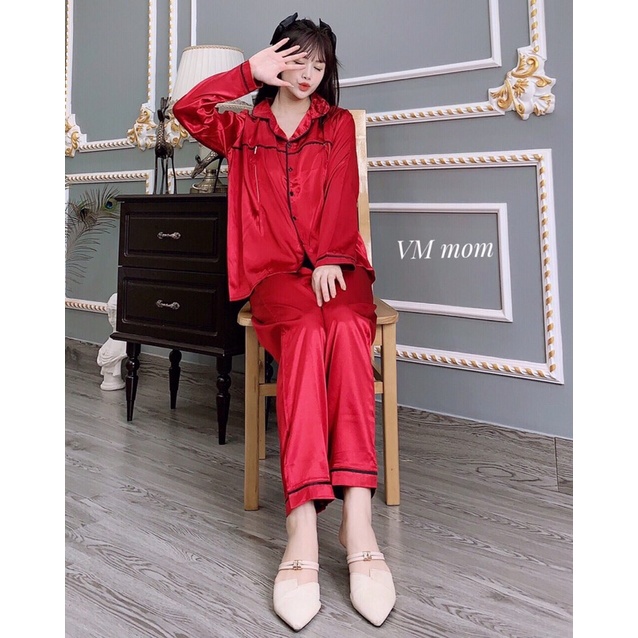 Bộ lụa pizama mặc bầu và sau sinh áo khoá ti quần chun chỉnh