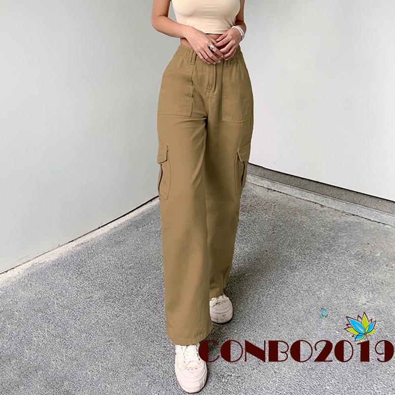 Hgm-quần Jean Nữ Cạp Cao Ống Thẳng Có Túi Màu Trơn / Kaki / Nâu