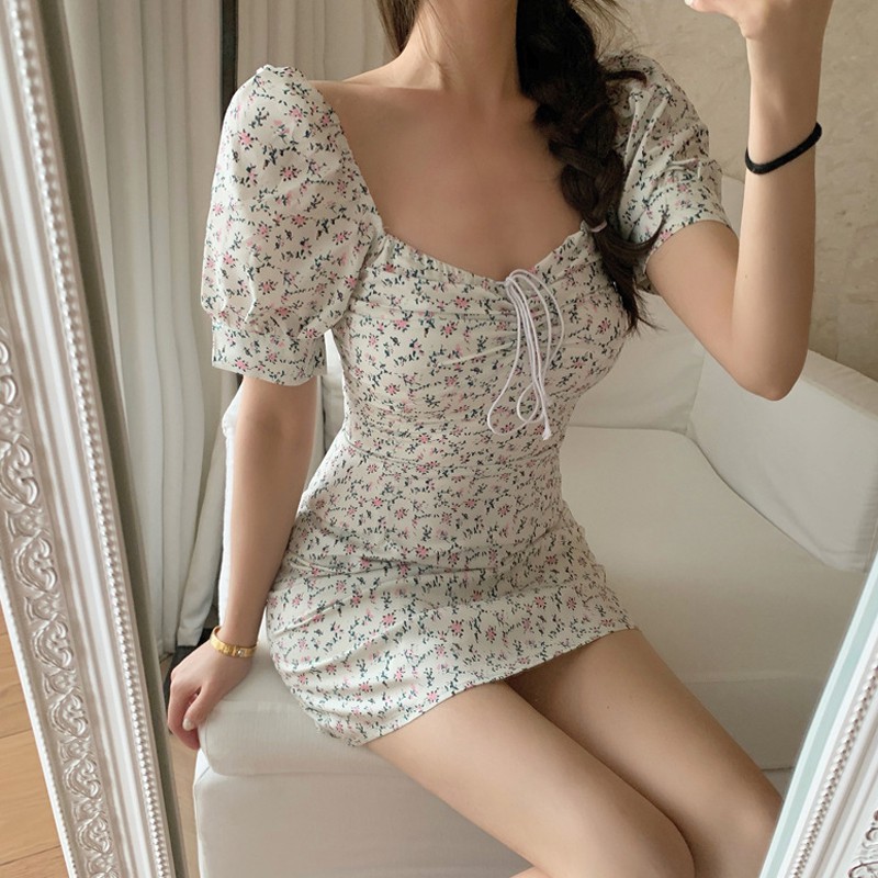 Đầm Voan Hoa Tay Phồng Xinh Xắn Cổ Điển Kiểu Pháp